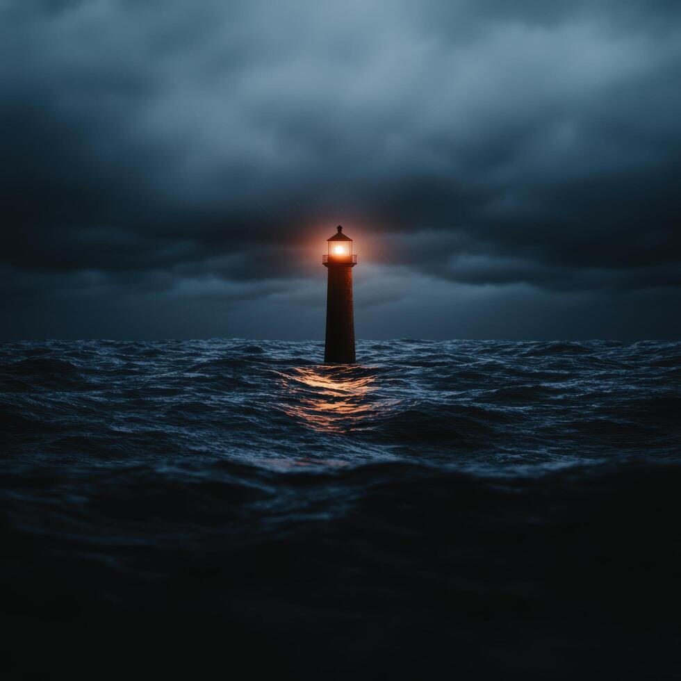 A lighthouse in the middle of the ocean at night photo