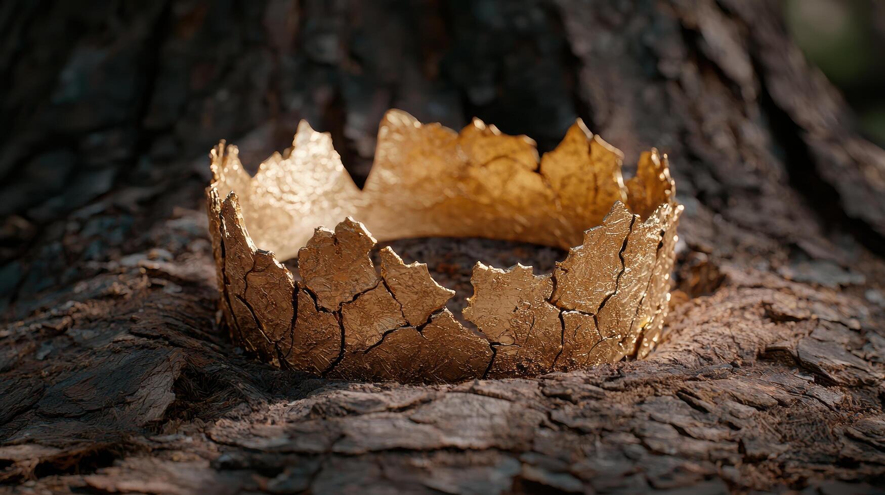 A gold crown sitting on top of a tree trunk photo