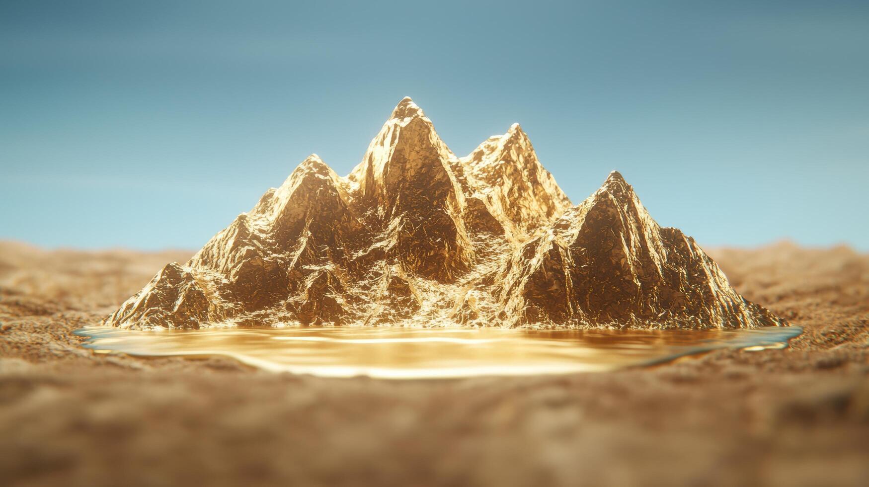 Golden mountain with water in the middle of the desert photo