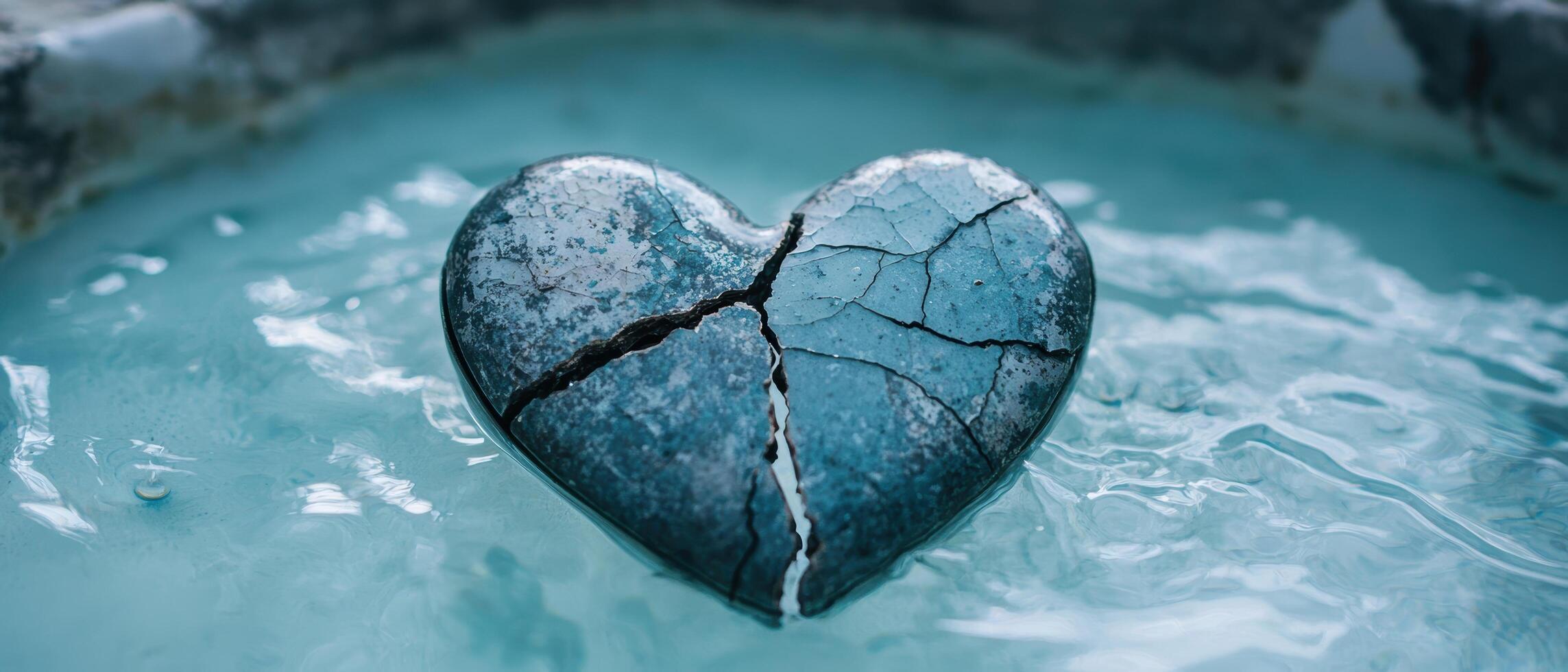 A broken heart is sitting in a pool of water photo