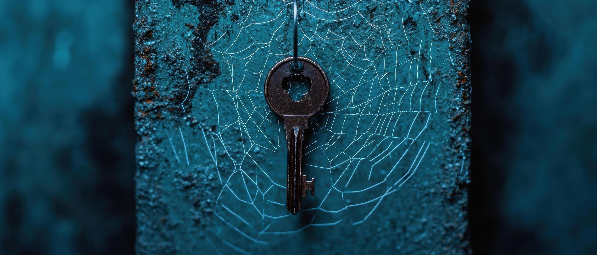 A key is stuck in a spider web on a blue door photo