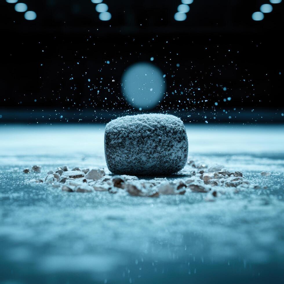 Ice hockey ball on ice with snow falling photo