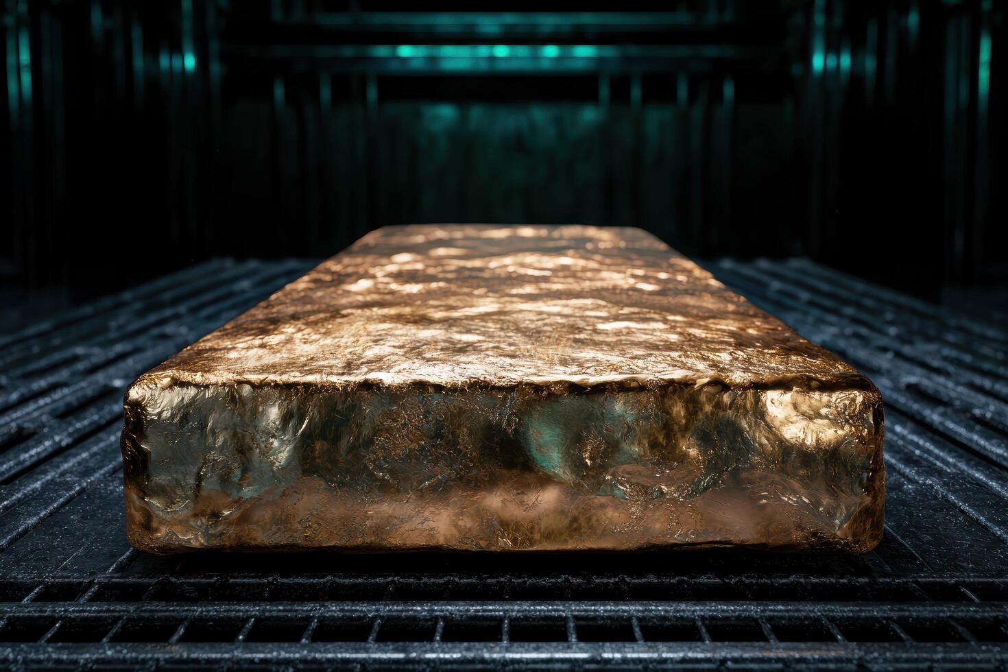 Glistening gold ingot on dark background photo