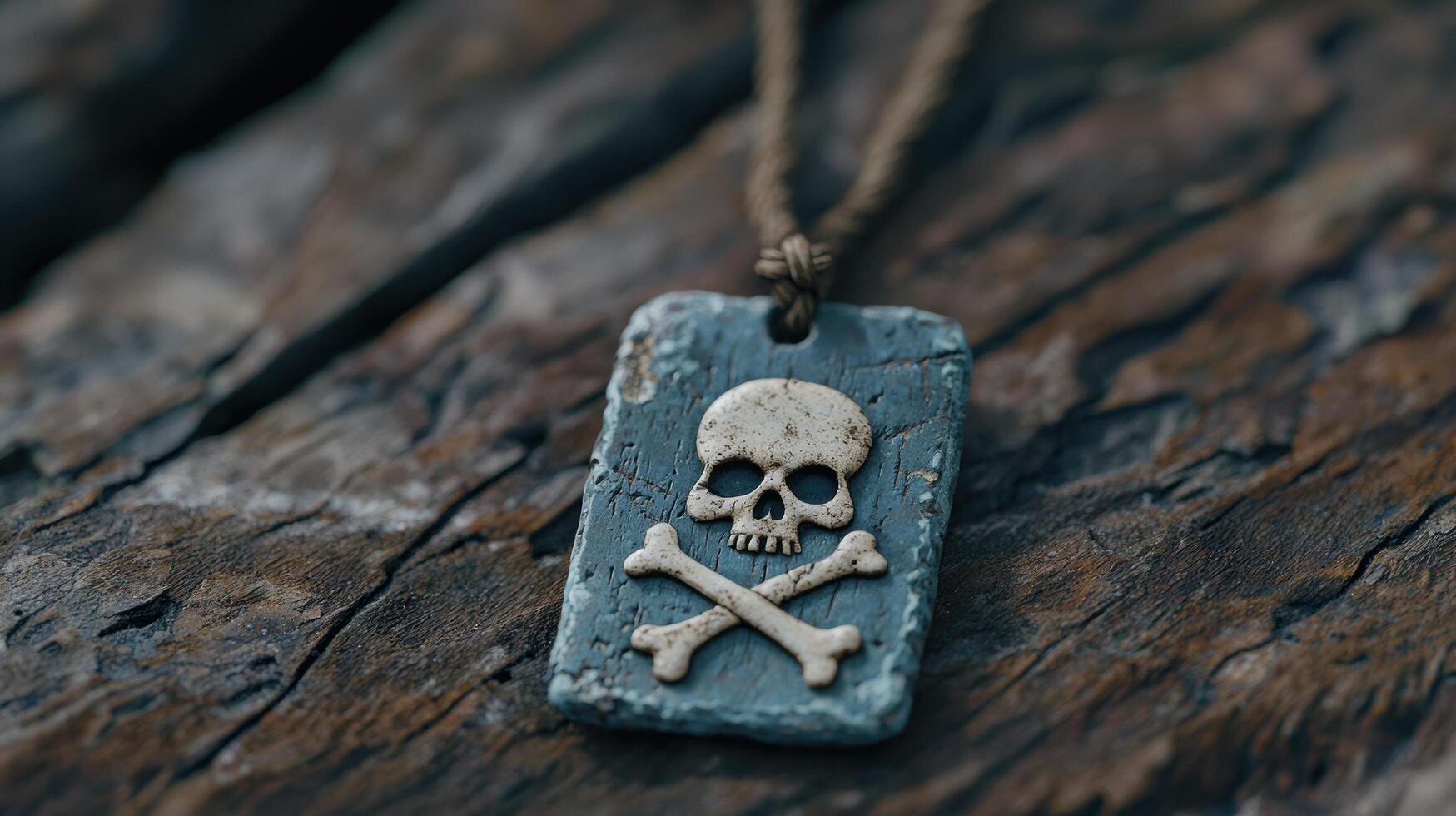 A skull and crossbone pendant on a wooden surface photo