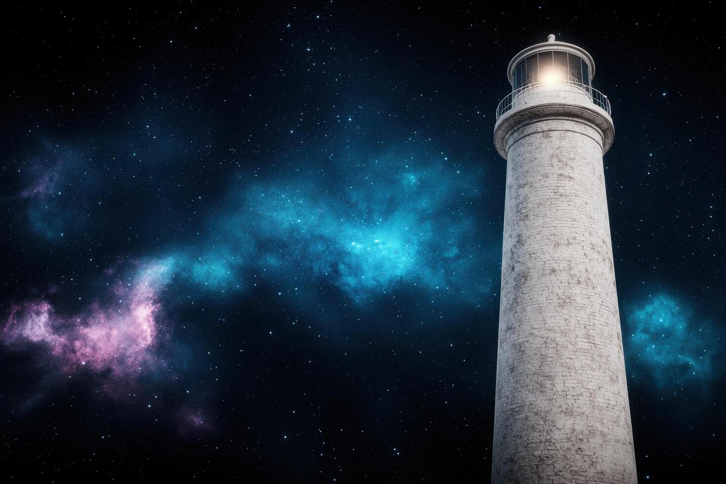 A lighthouse in the night sky with stars photo