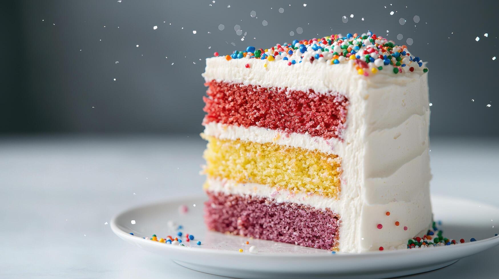 A slice of rainbow cake on a plate photo