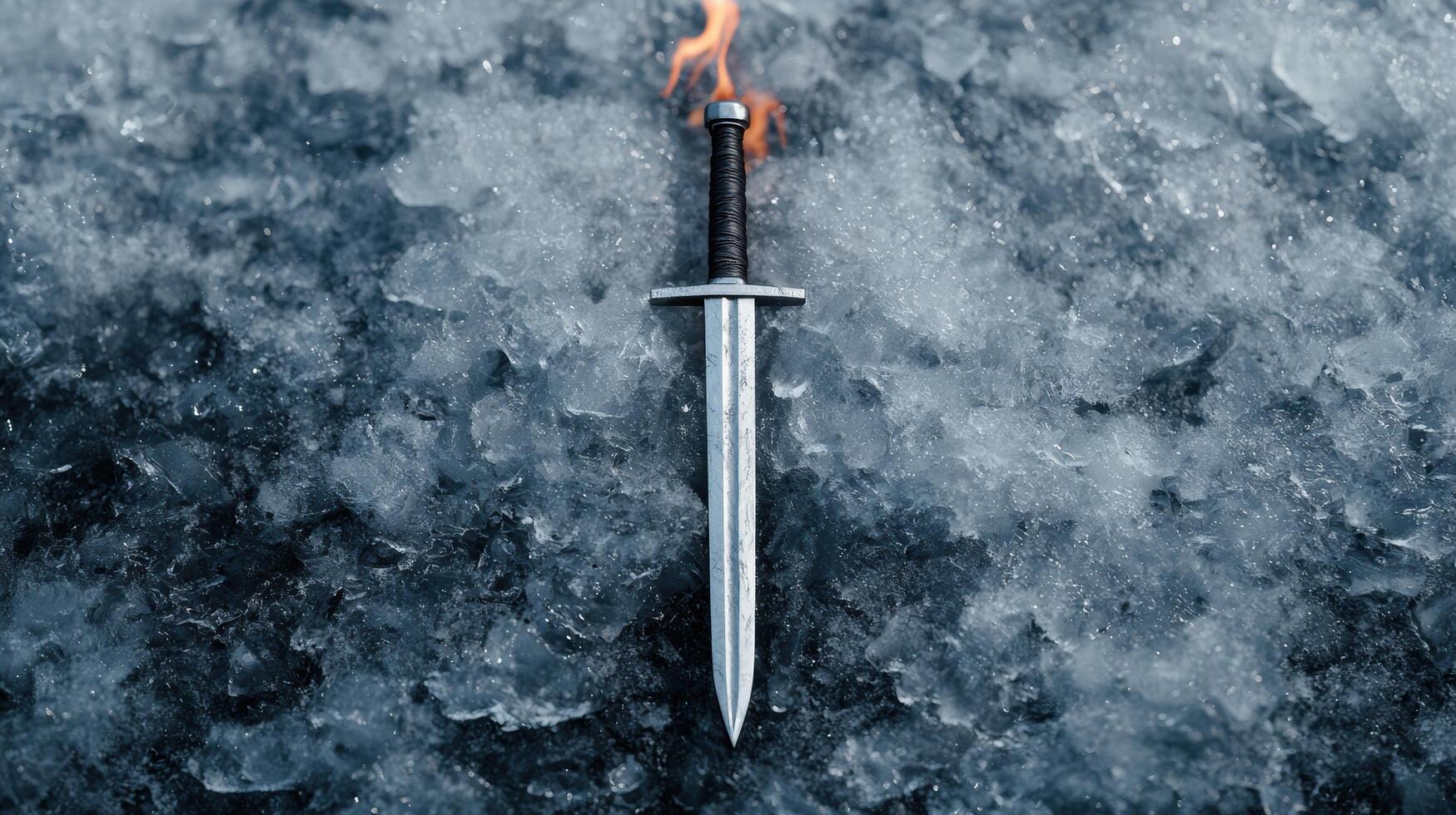 A sword is on fire in the snow photo
