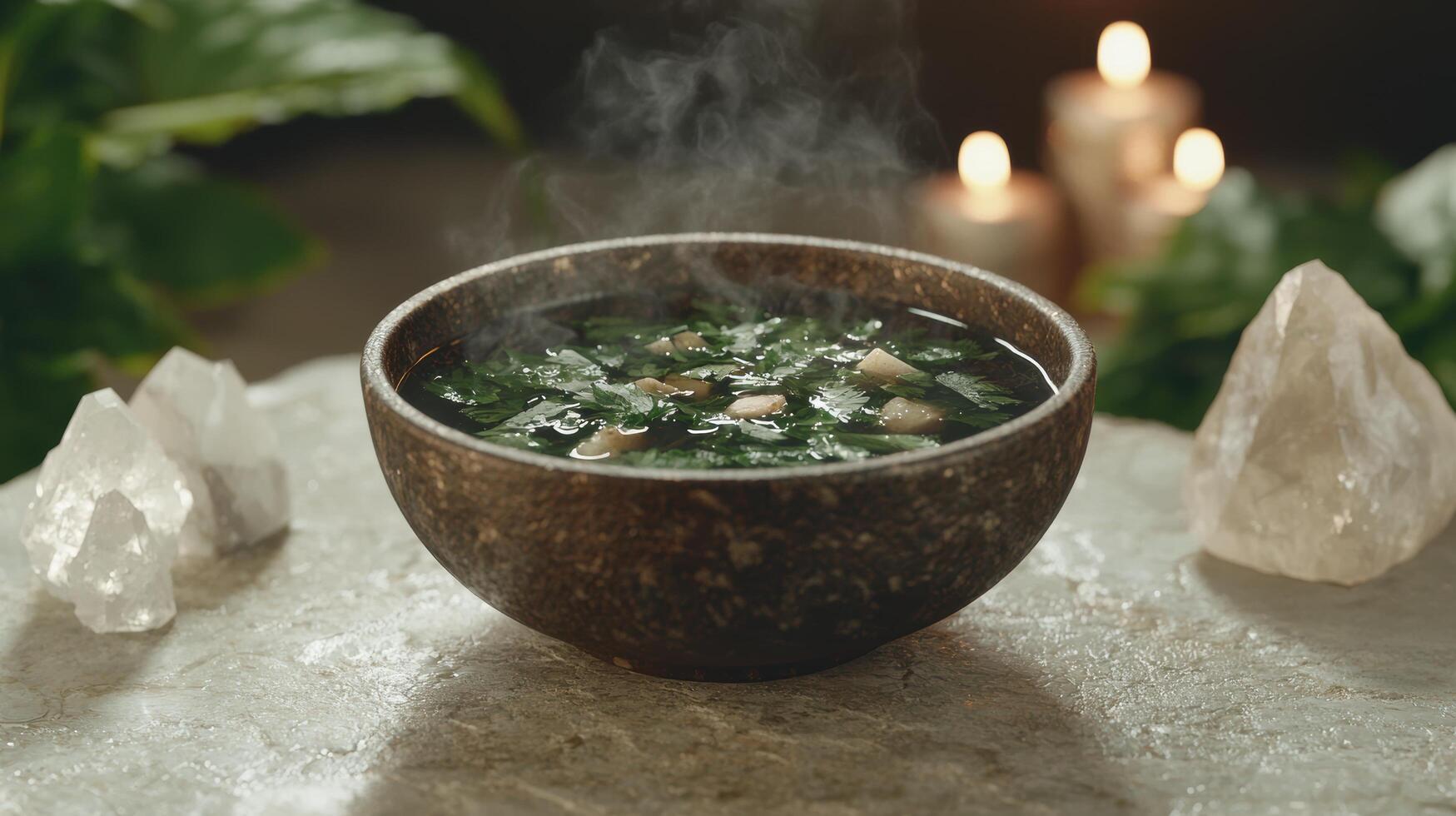 Steaming bowl of herbal soup with crystals photo
