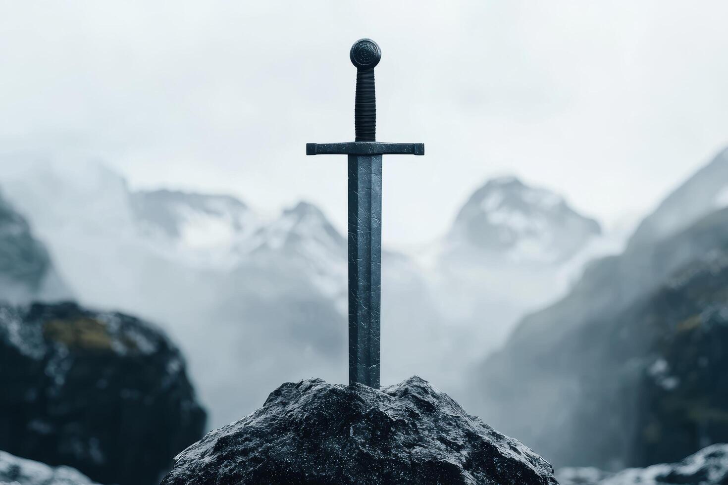 Sword in the stone against misty mountains photo