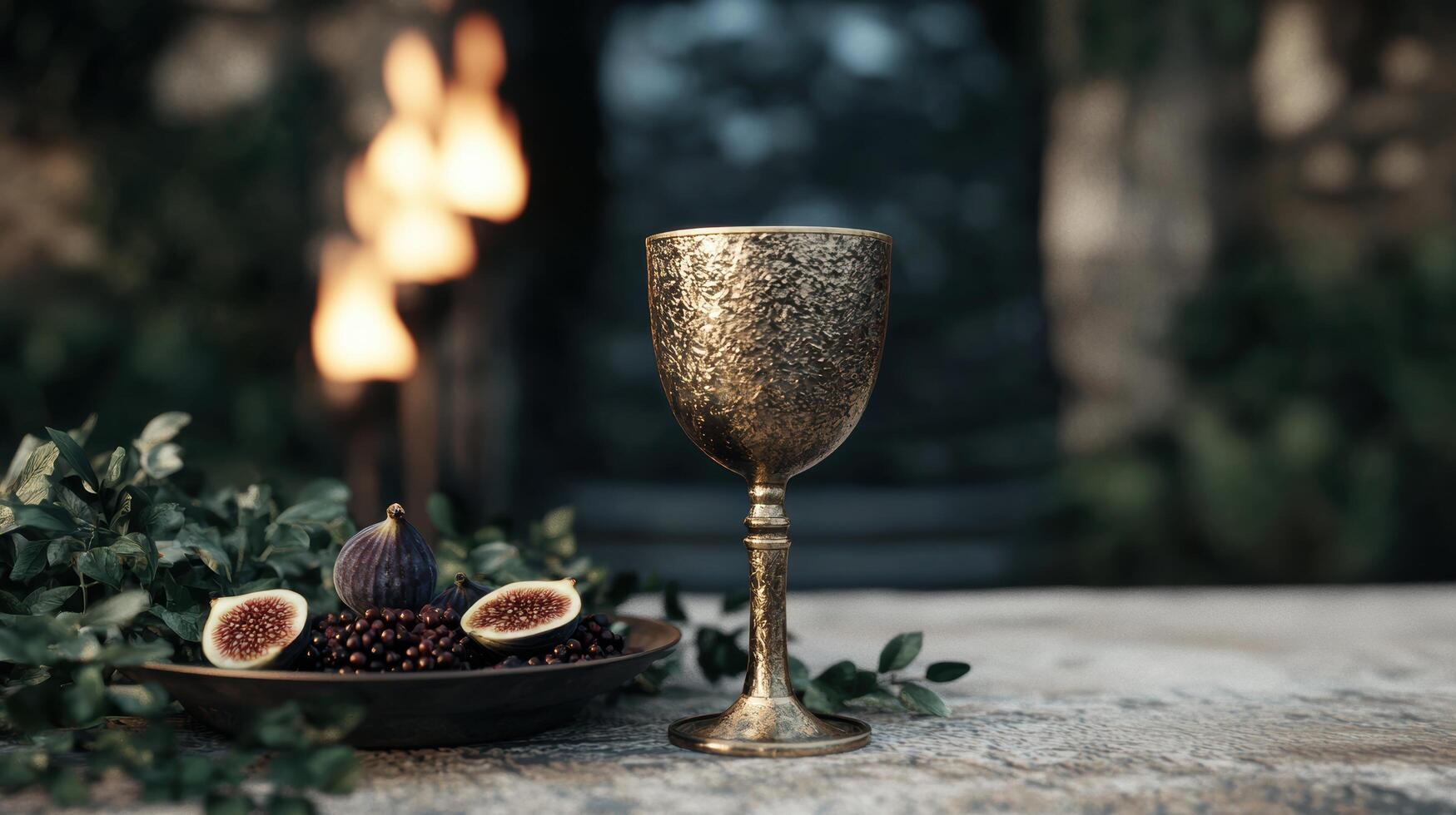 Antique goblet and fresh figs on a rustic table photo