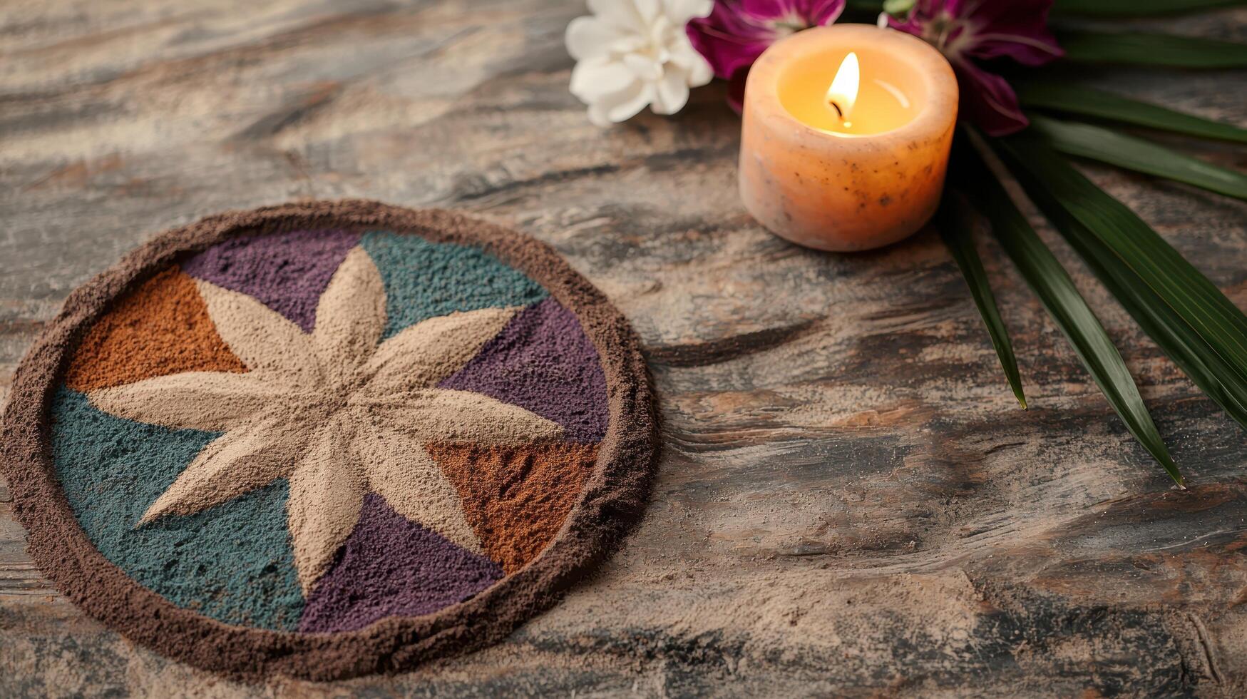 colorful mandala design on wooden surface with candle and flowers photo