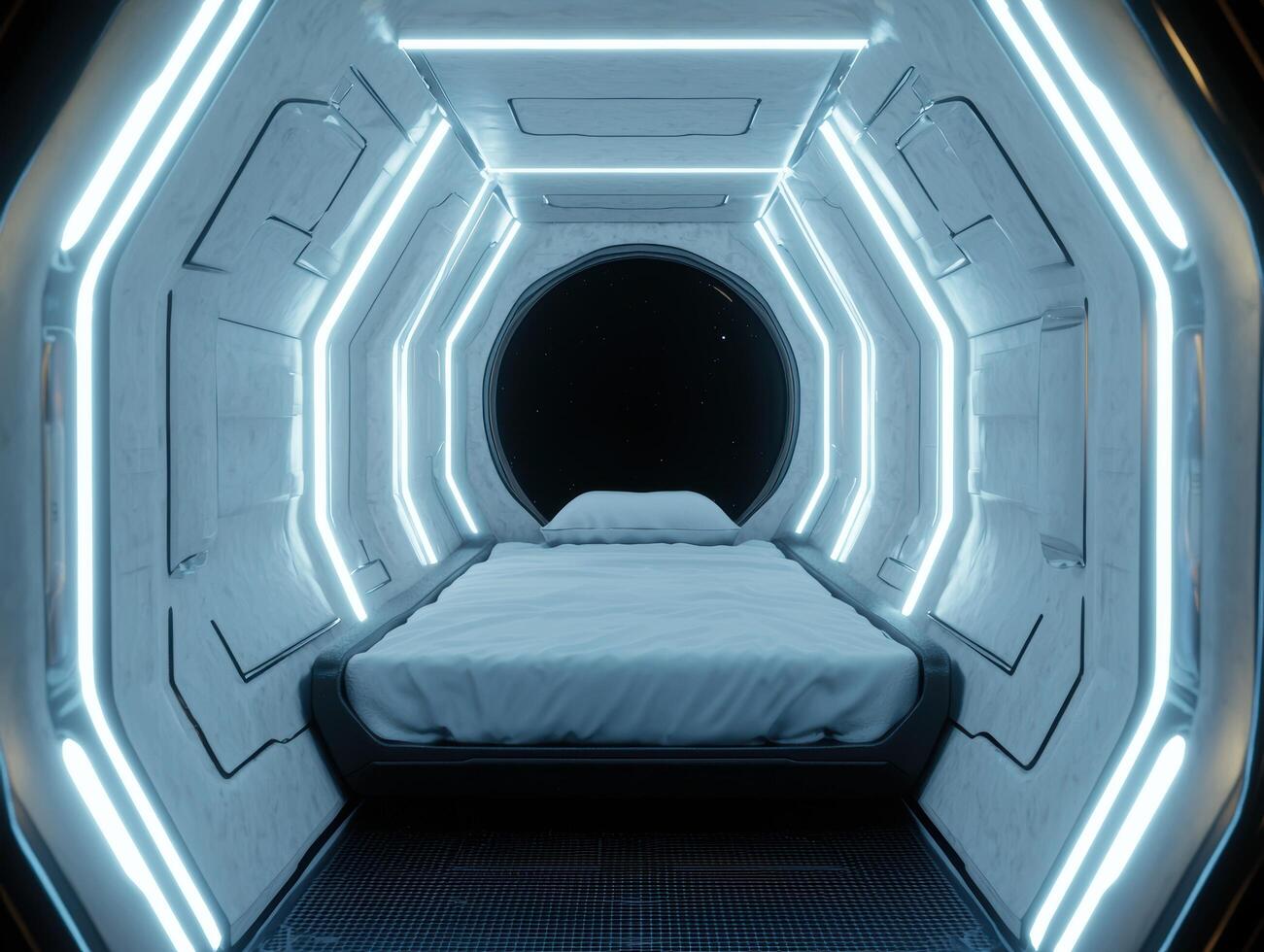 Futuristic spaceship interior with glowing lights and a bed photo