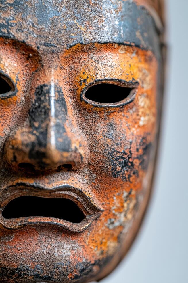 Close up of an ornate tribal mask with intricate patterns and textures photo