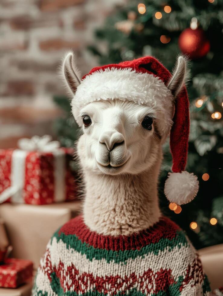 Festive llama in christmas sweater photo