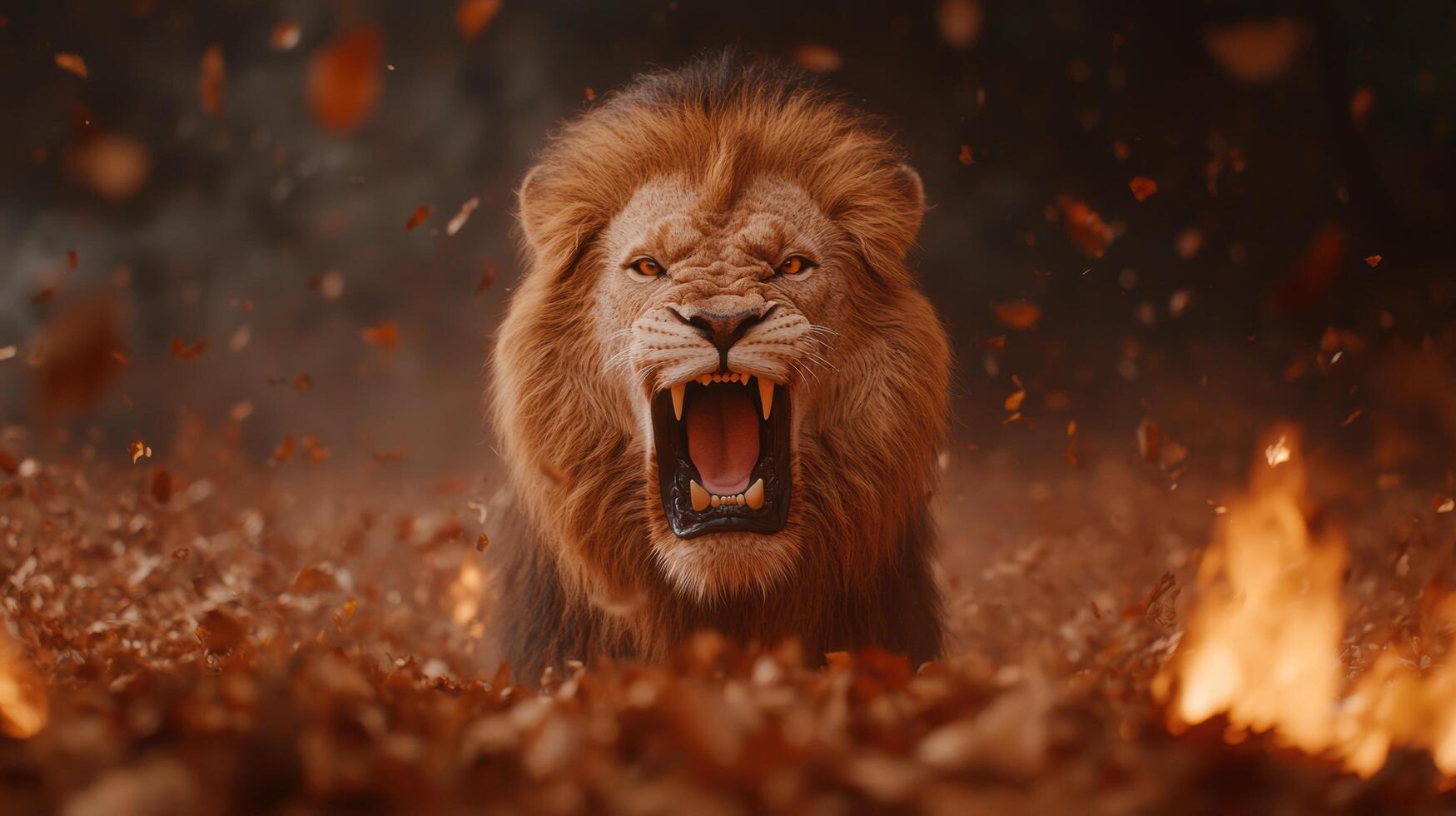 Fierce lion roaring in the wild photo
