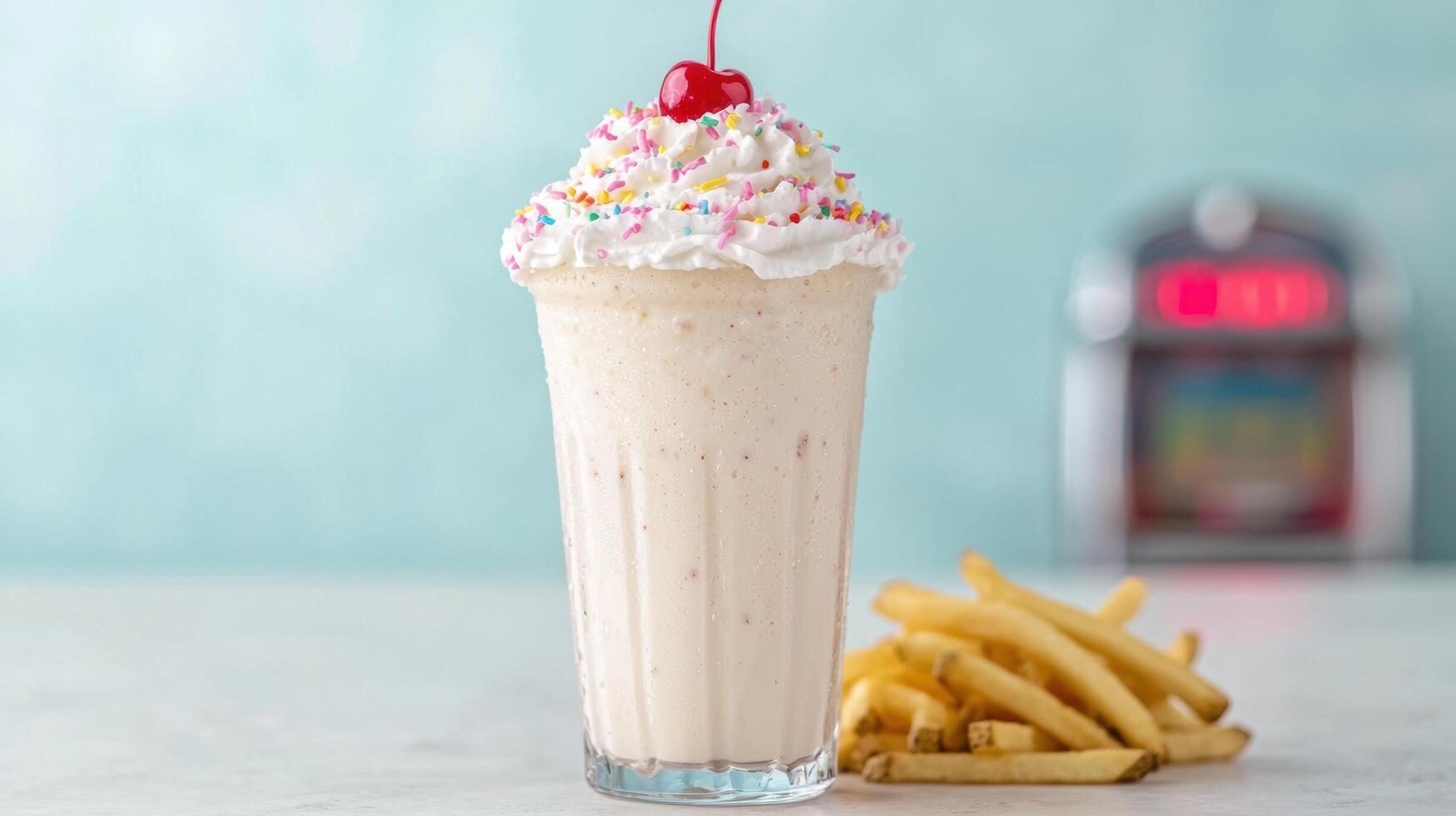 Colorful milkshake with whipped cream and cherry on top photo