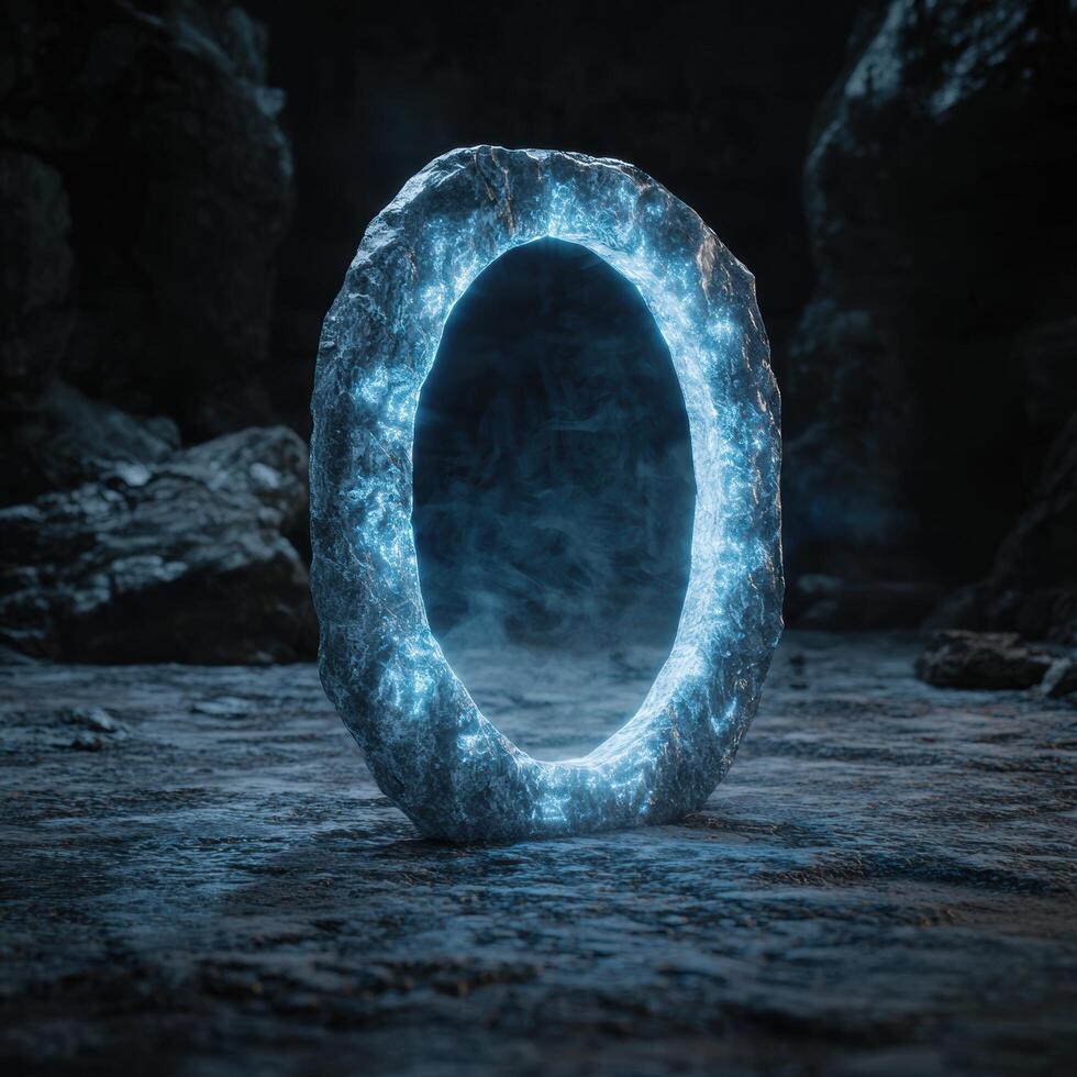 Glowing ice portal in dark cave photo