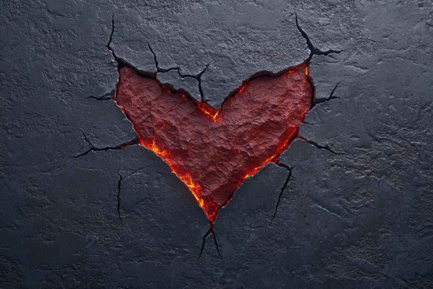 Fiery heart shape cracked in dark stone photo