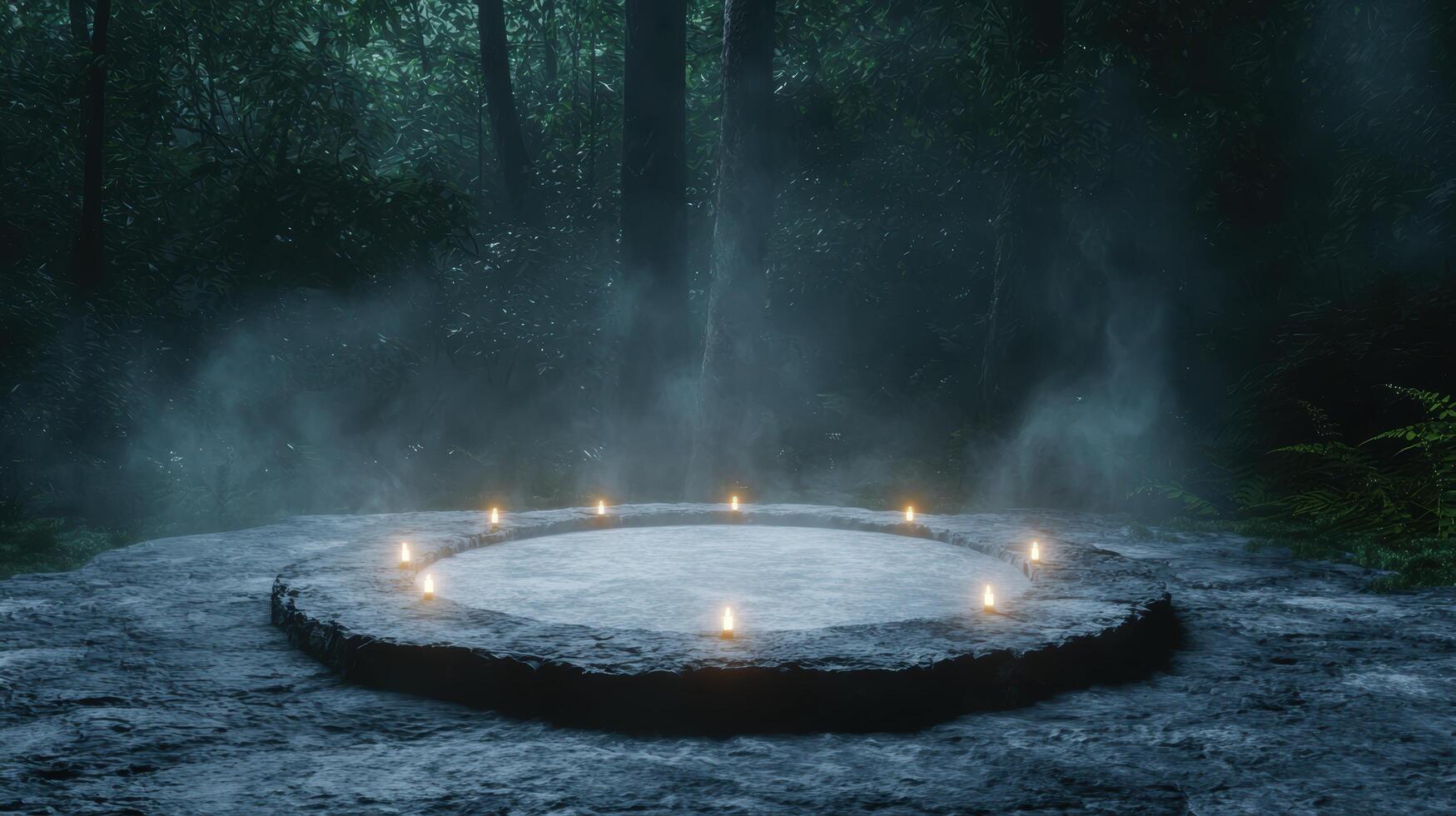 mystical forest waterfall with candles photo