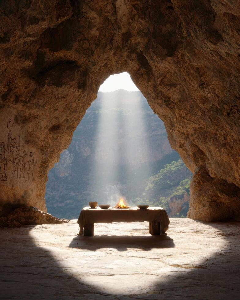 Cozy campfire in a cave overlooking a lush valley photo
