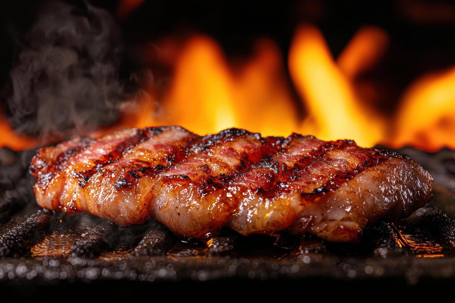 Sizzling grilled steak on a fiery grill photo