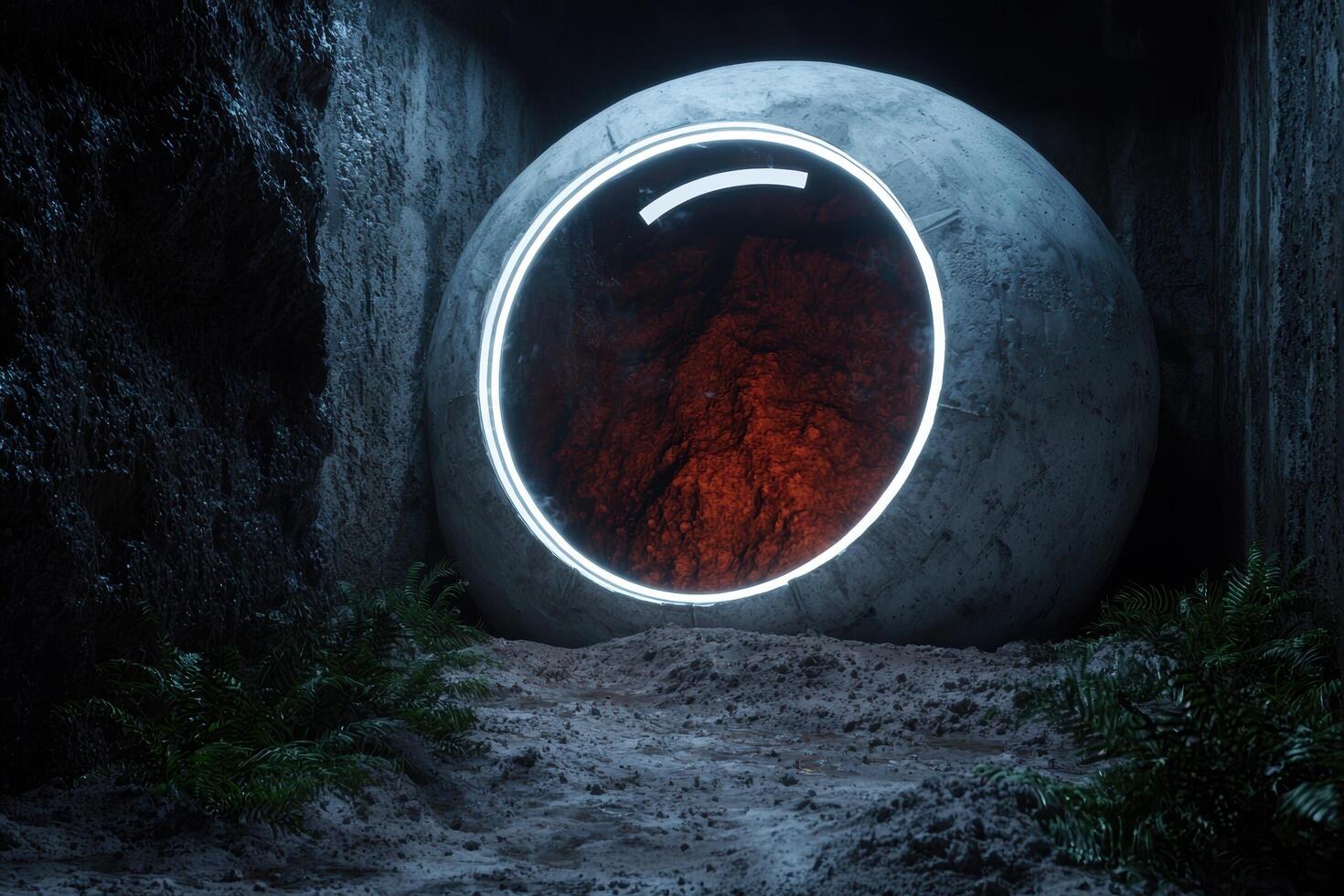 Mysterious glowing portal in dark cave photo