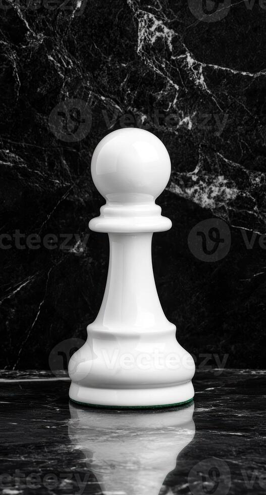 A white chess piece sitting on a black marble table photo
