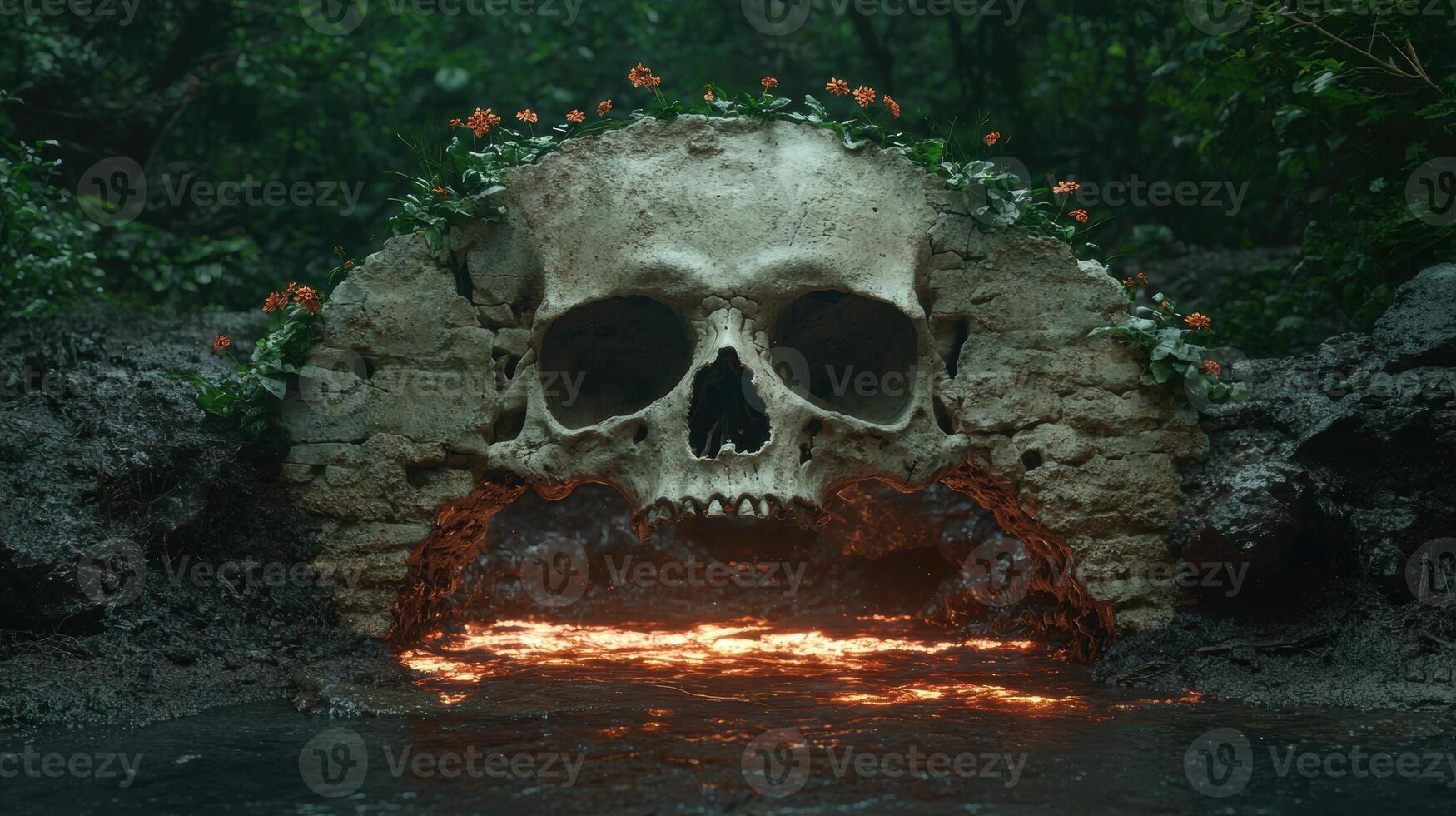 A skull with flowers growing out of it in the water photo