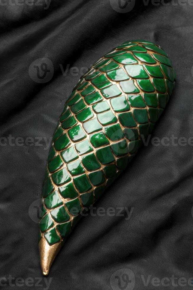 A green and gold dragon egg on a black cloth photo