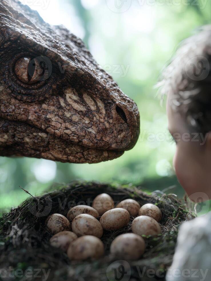 A child looks at a dinosaur with eggs in its nest photo