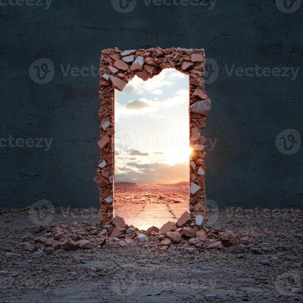 A door that is open to a brick wall photo