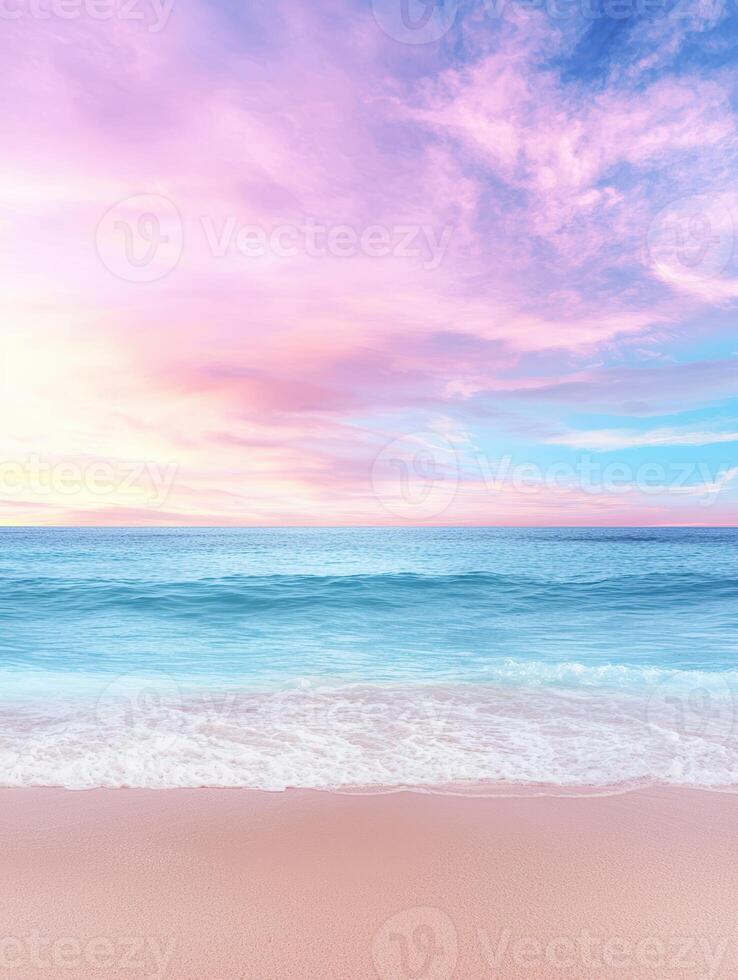 A beautiful beach scene with a pink sky and ocean photo