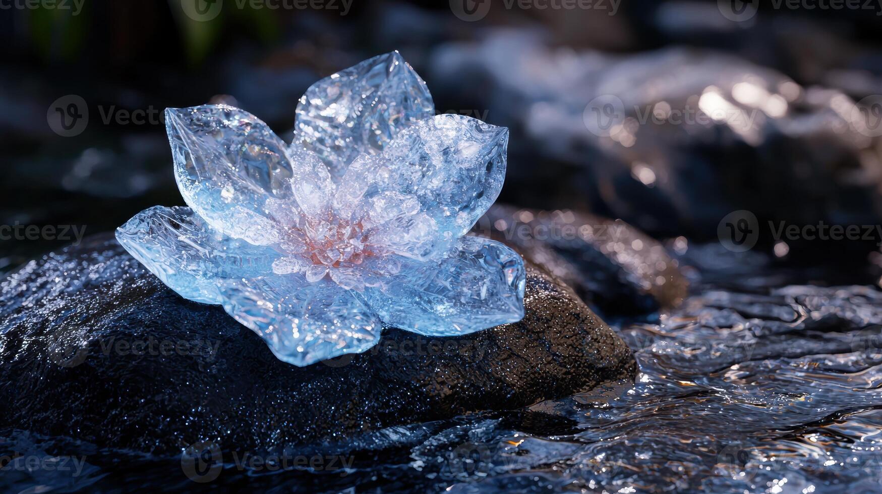 A crystal flower sitting on a rock in the water photo