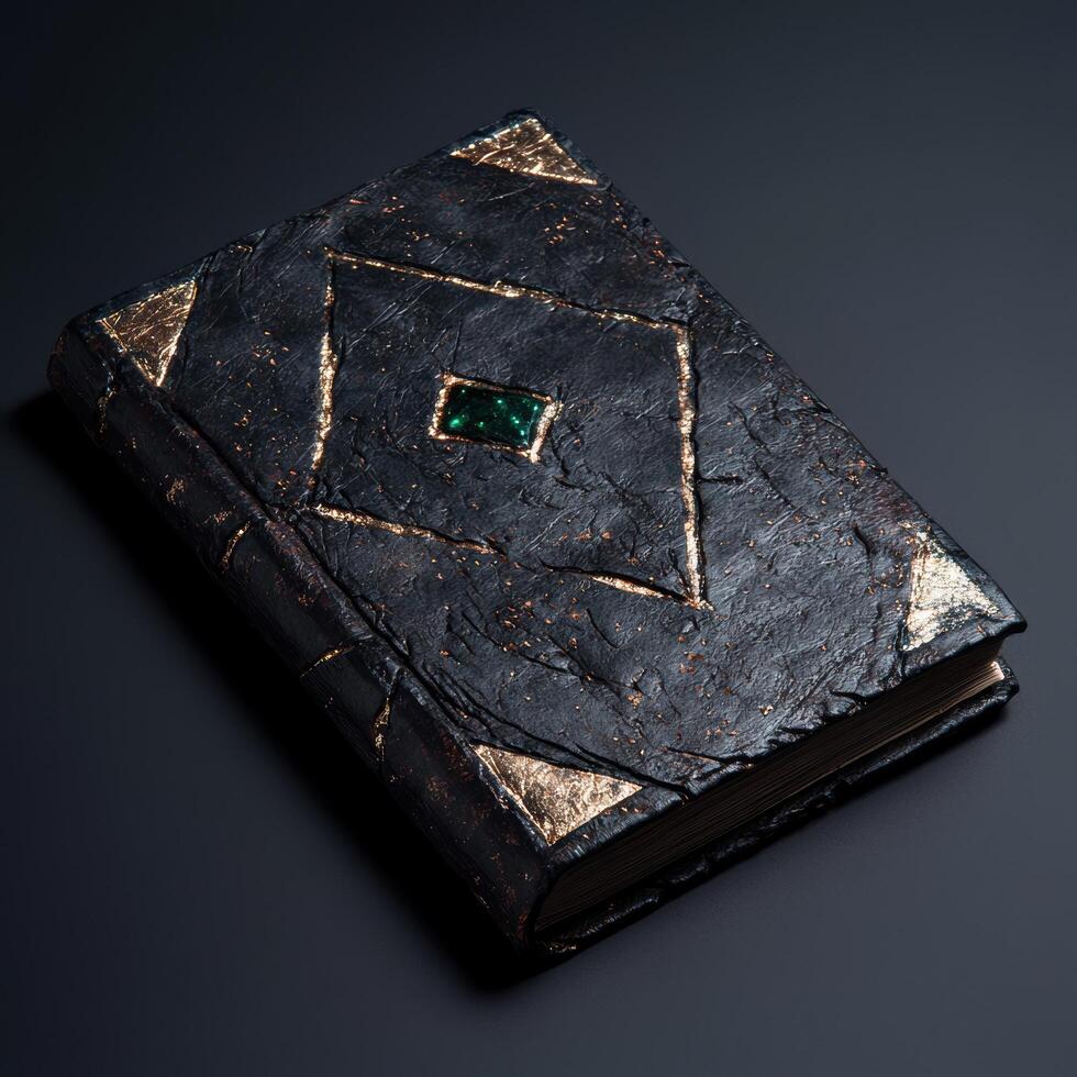 Antique book with cracked leather cover and emerald gem photo