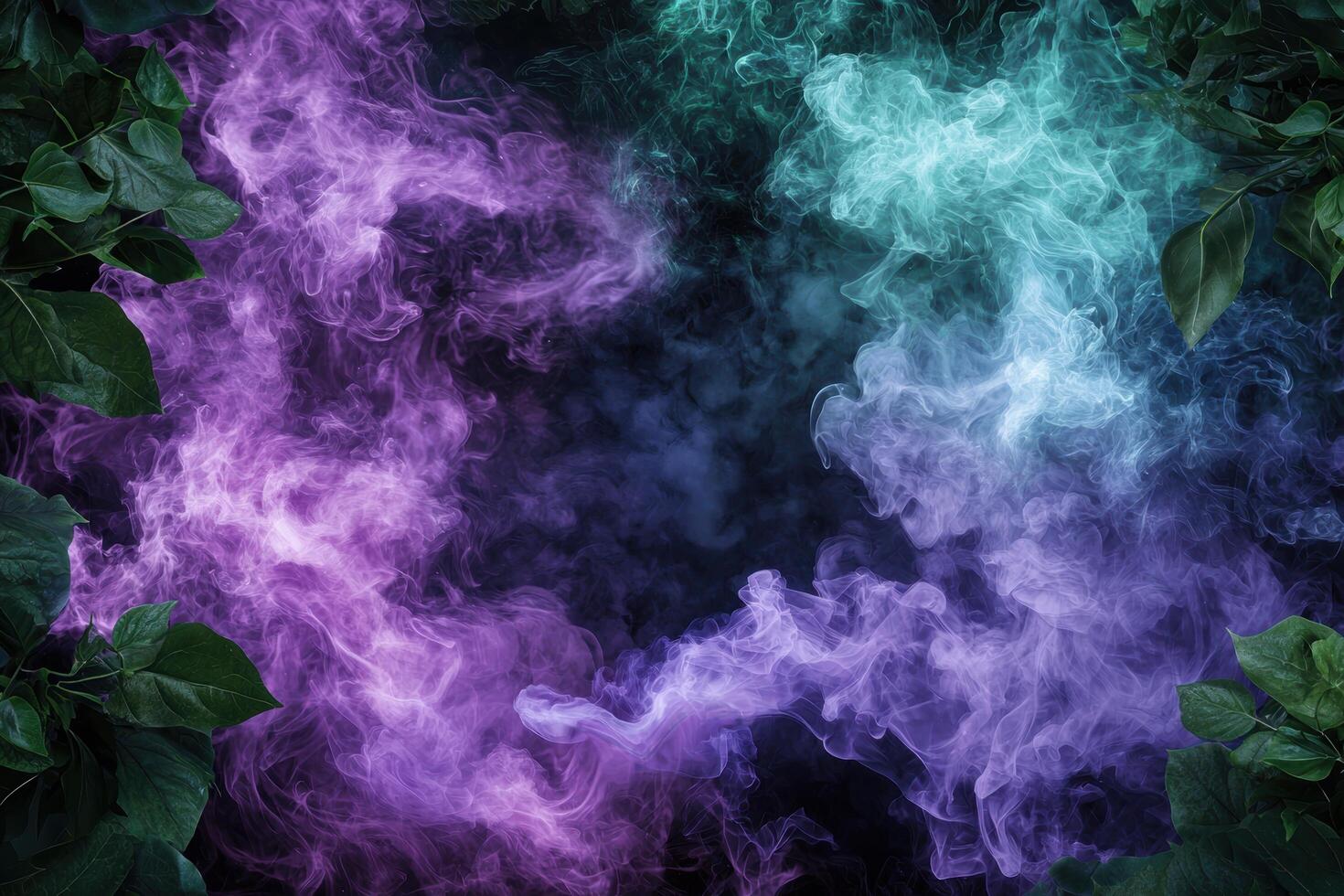 Colorful smoke swirls against a dark background with green leaves photo