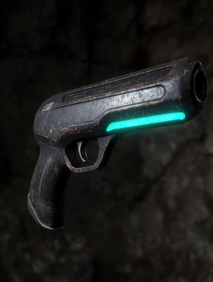 Futuristic sci fi handgun with glowing green light photo