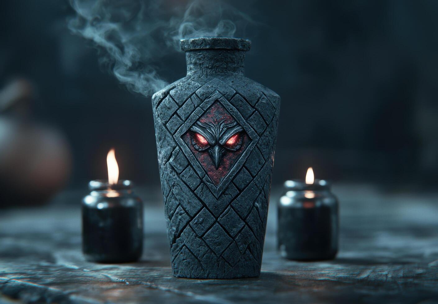 Mystical potion bottle with glowing eyes photo