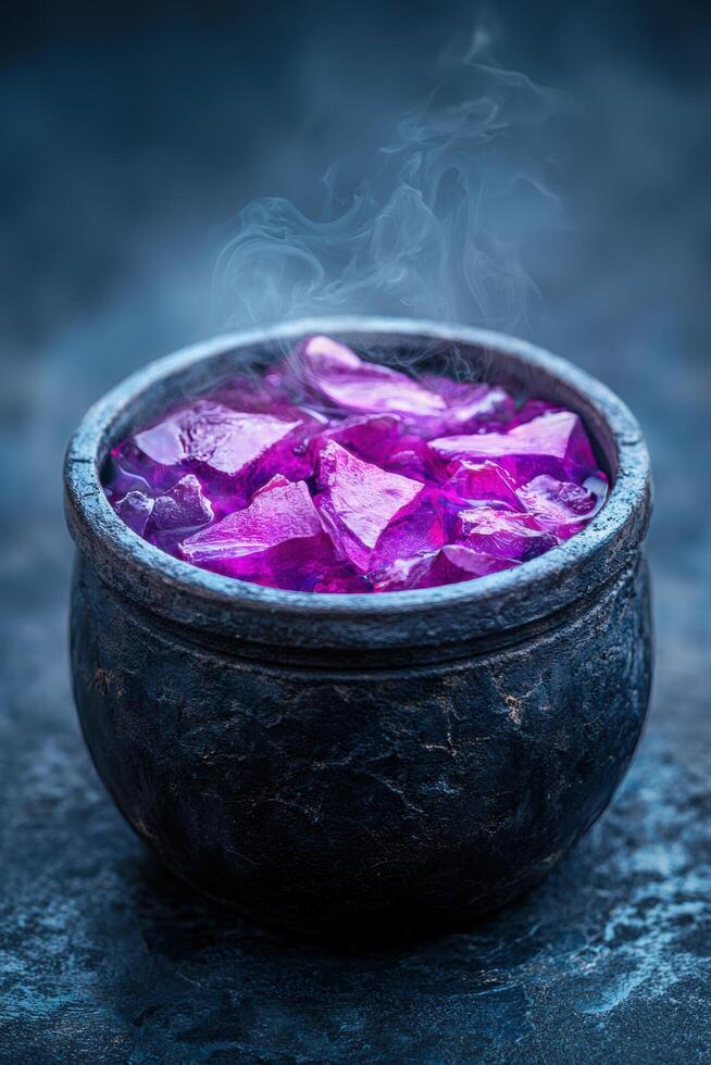 Mystical purple crystal in a dark container with smoke photo
