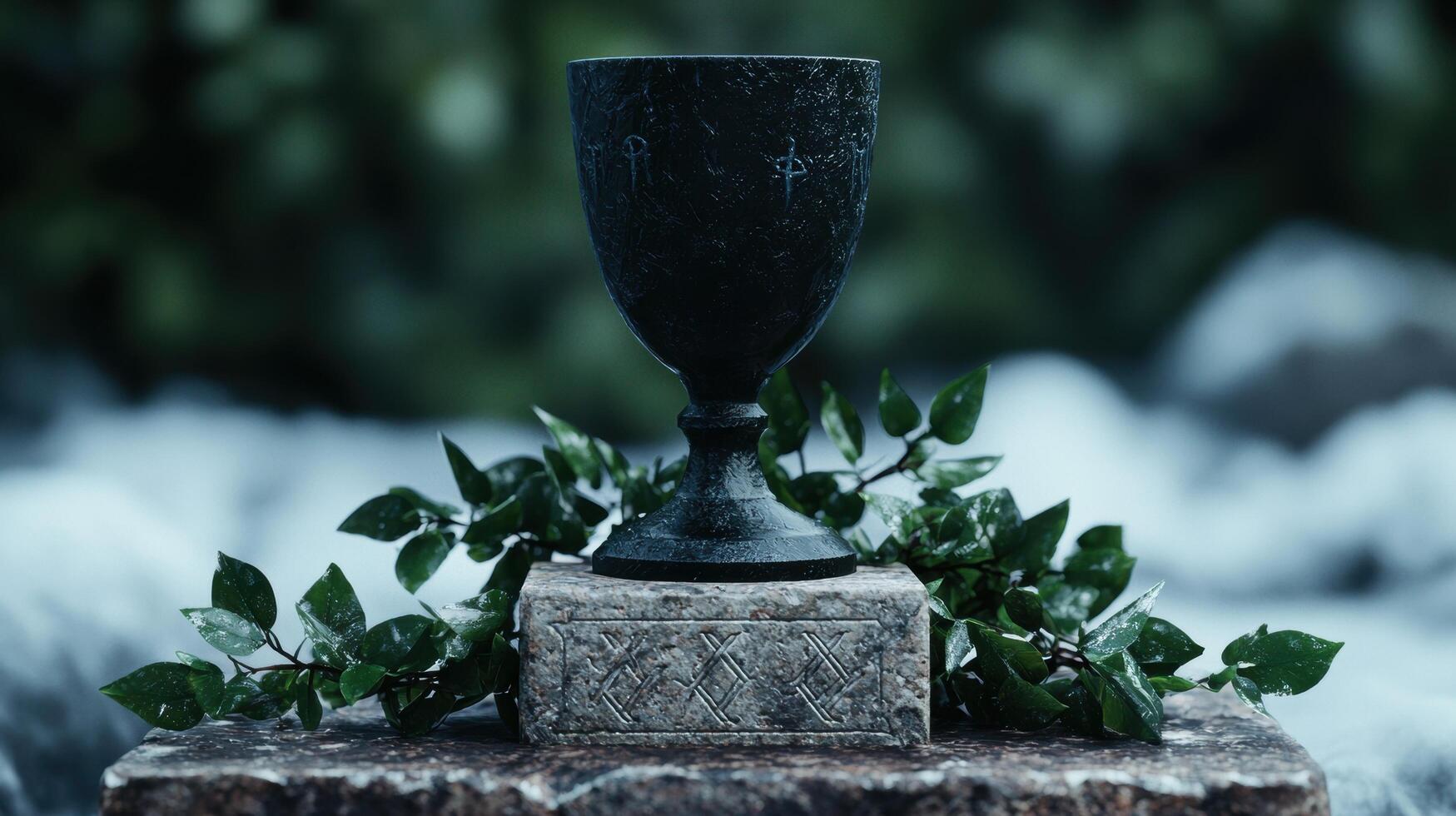 ancient chalice in a mystical forest setting photo