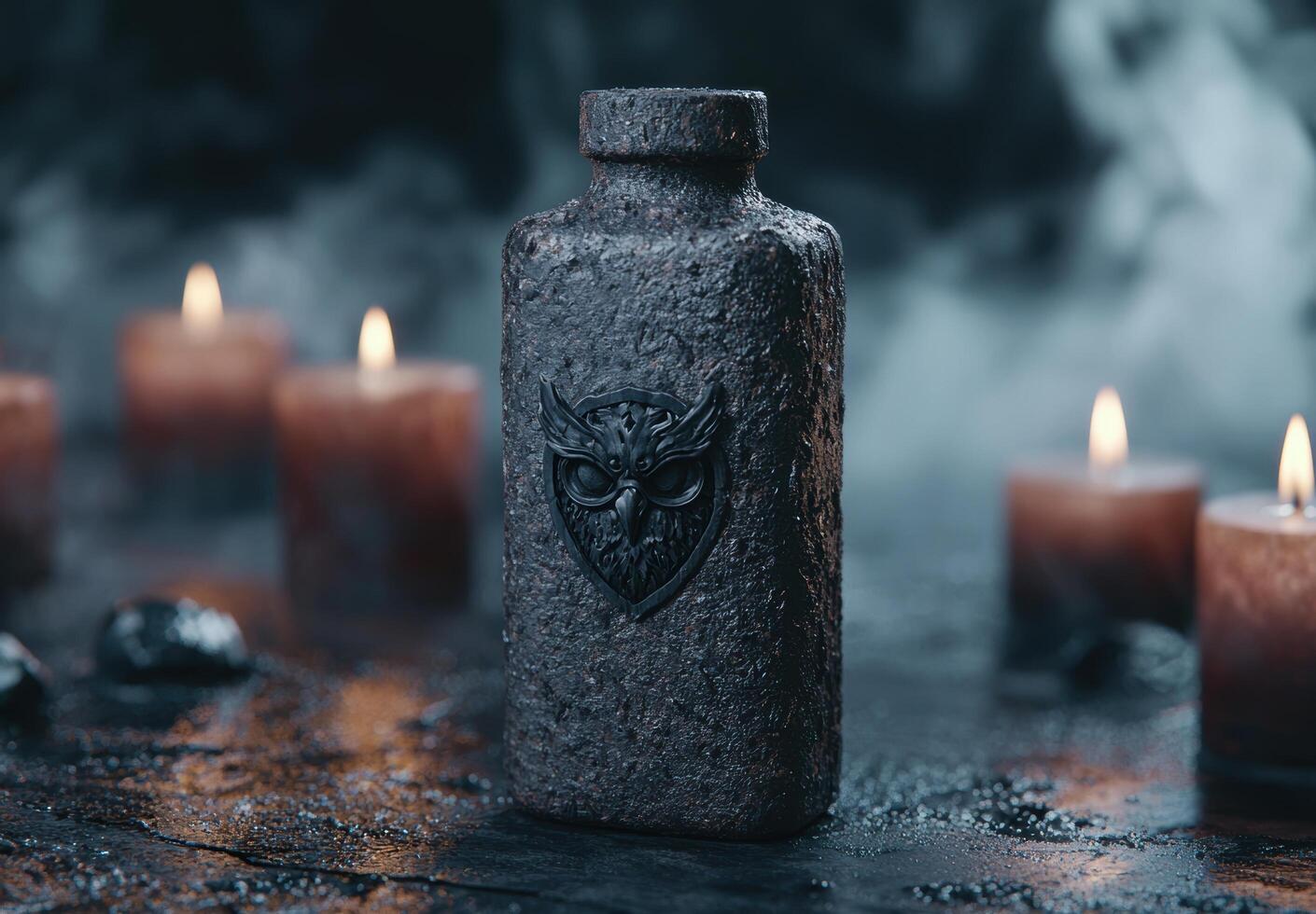 Mysterious dark potion bottle with owl emblem photo