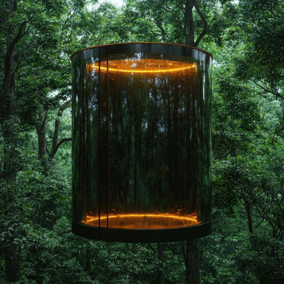 glowing glass cylinder in lush forest photo