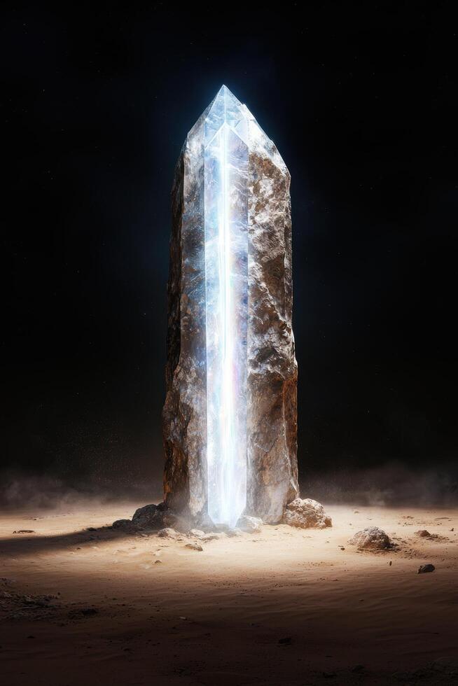 Glowing crystal monolith in desert landscape photo
