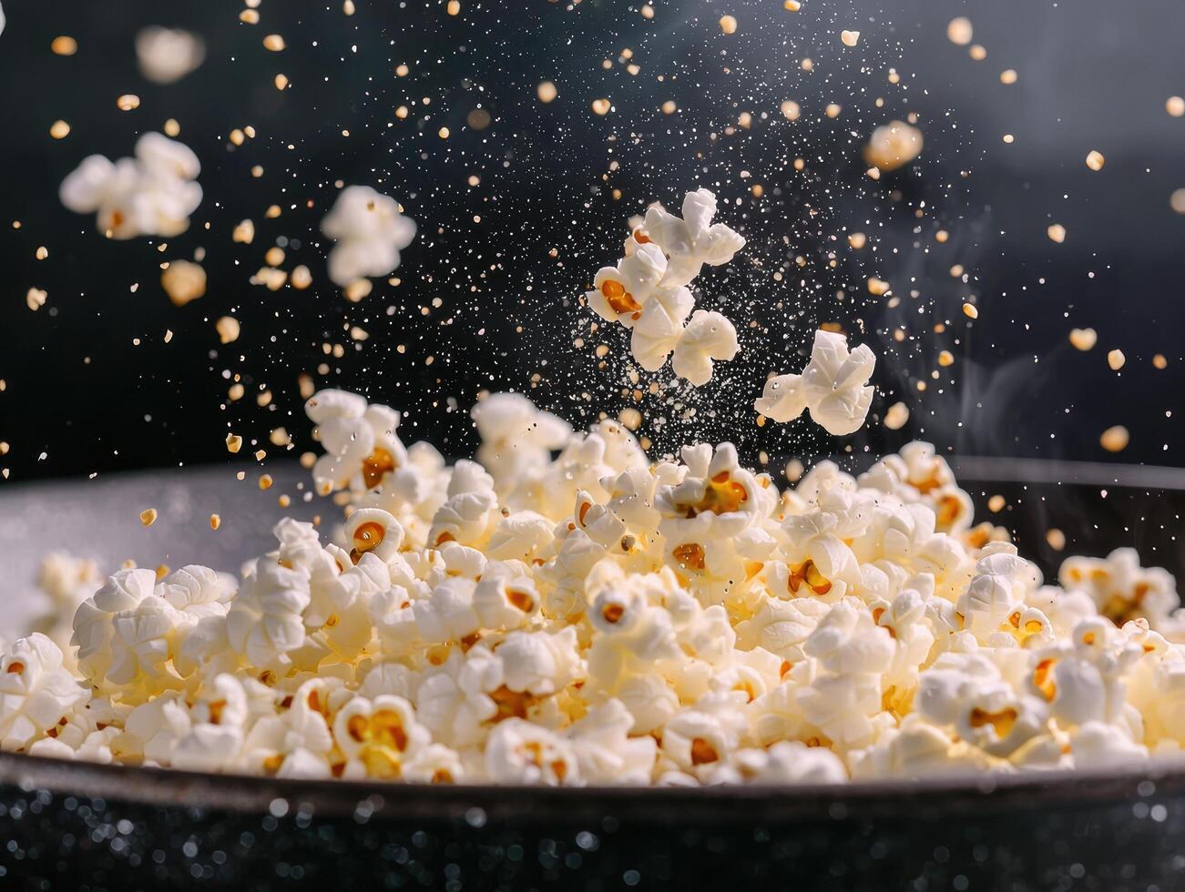 Popcorn explosion with water droplets photo