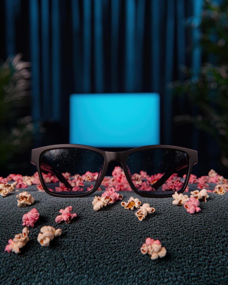 Stylish sunglasses on a plush carpet with colorful flowers photo