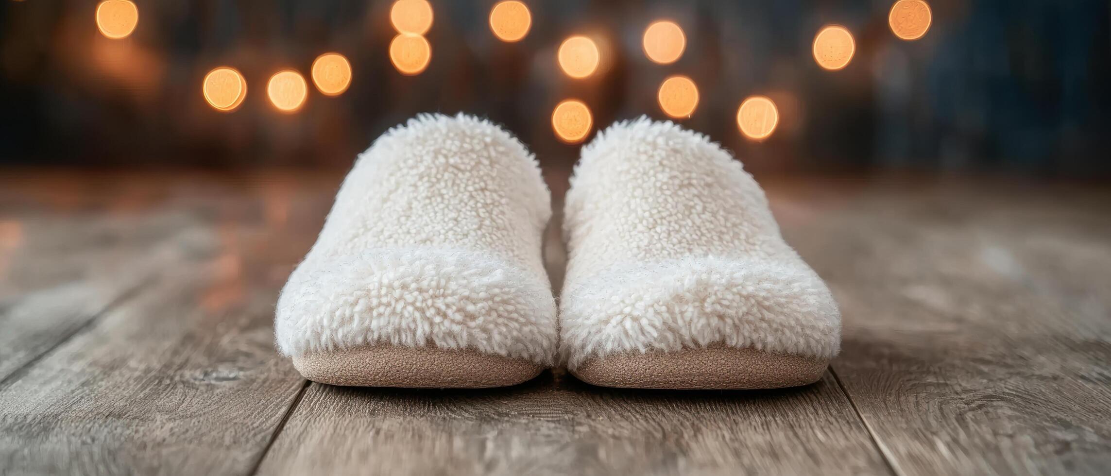Cozy winter slippers on wooden floor with festive lights photo