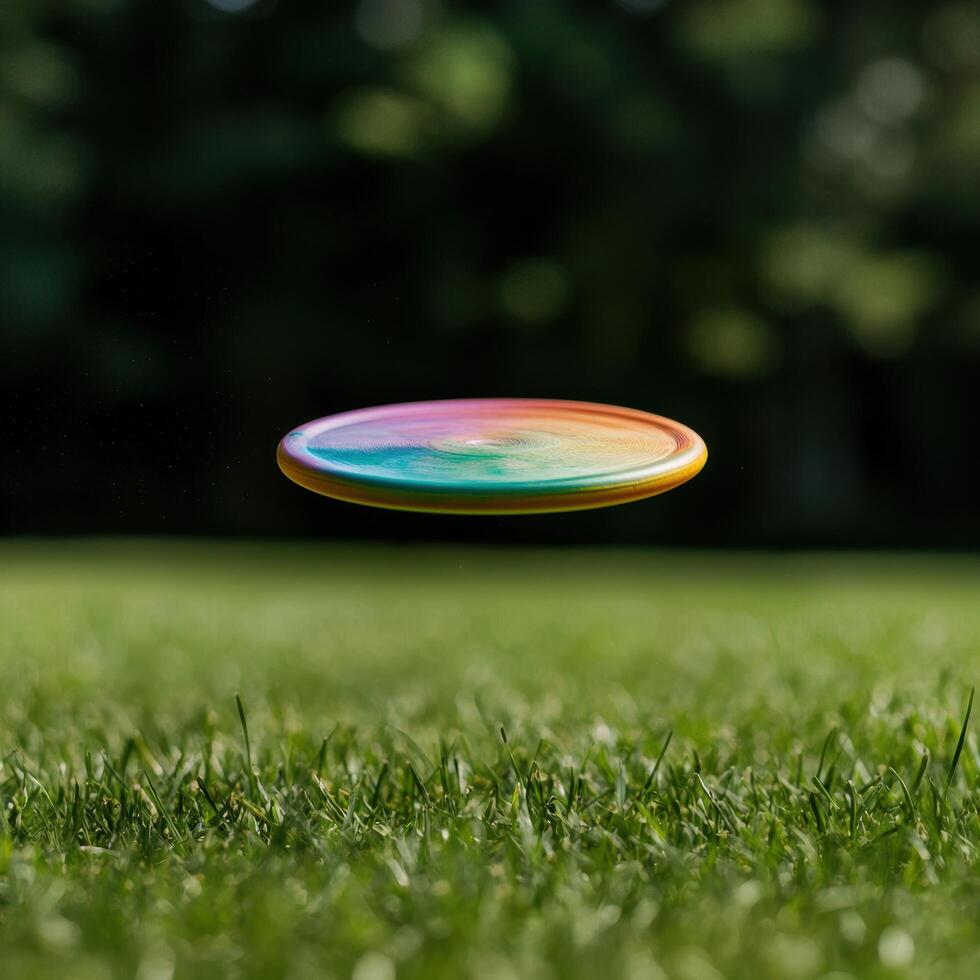 Colorful frisbee flying over green grass photo