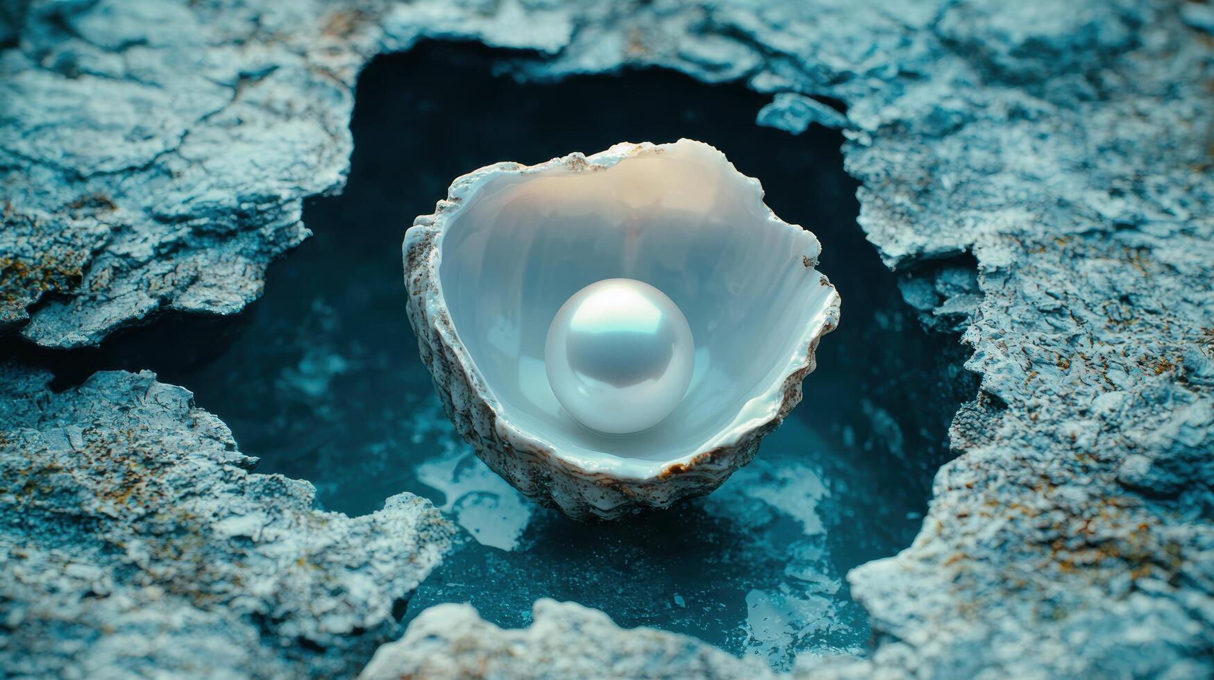 Stunning pearl inside an oyster shell in the ocean photo