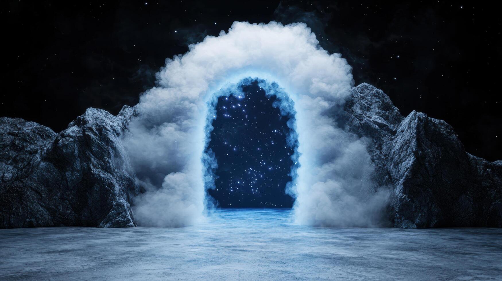 Magical winter landscape with glowing cloud arch and starry night sky photo