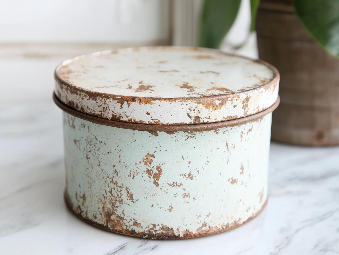 Vintage tin container with distressed paint photo