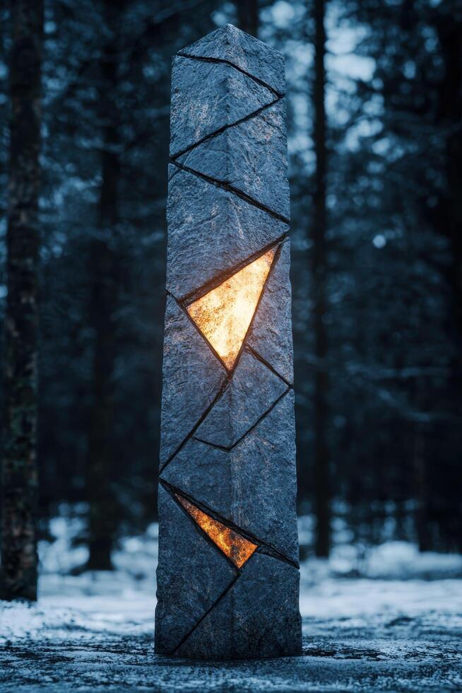 Illuminated stone sculpture in snowy forest photo